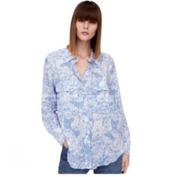 Zara Paisley Blue Button Down Long Sleeve Blouse Size Small - Picture 1 of 8